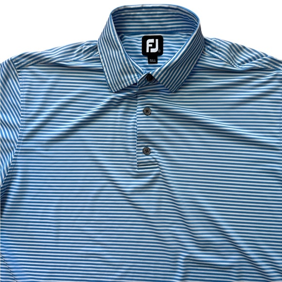 FootJoy Men’s Size Large‎ Blue & White Stripe Golf Polo Shirt FJ Logo Golf Wear - Picture 1 of 9